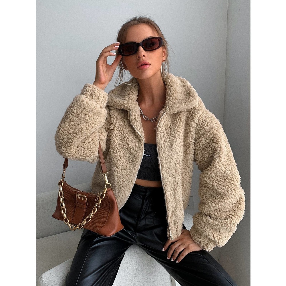 Zip Up Drop Shoulder Fleece faux fur fuzzy teddy Jacket tan camel - Picture 5 of 9